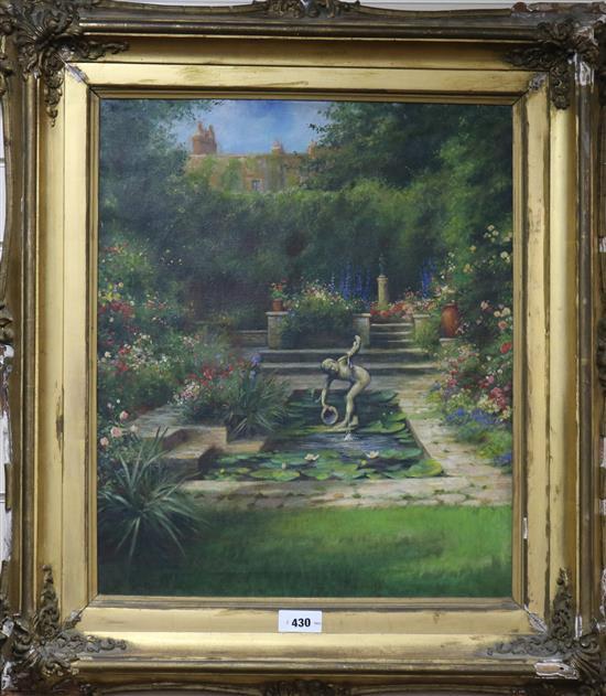 Leonard Carr Cox (fl. 1900-1909), oil on canvas, lily pond in a garden, signed, 60 x 50cm